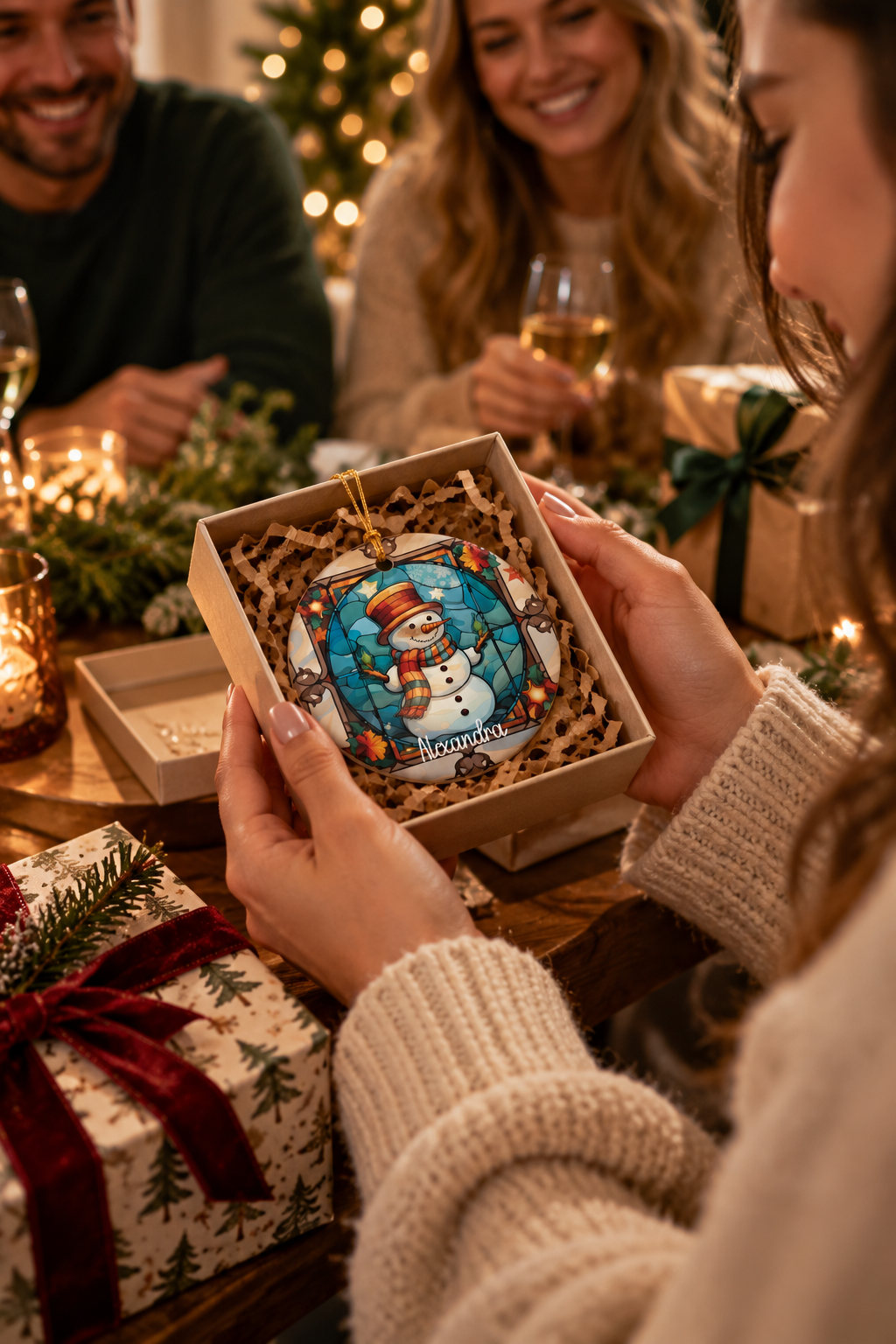 Hands holding the personalized Autumn Stained Glass Snowman ornament in its open gift box