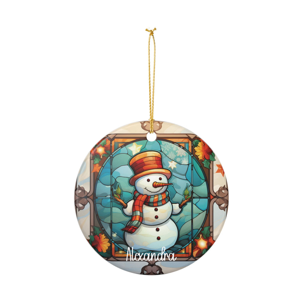 Personalized Autumn Stained Glass Snowman ornament hanging from its gold string