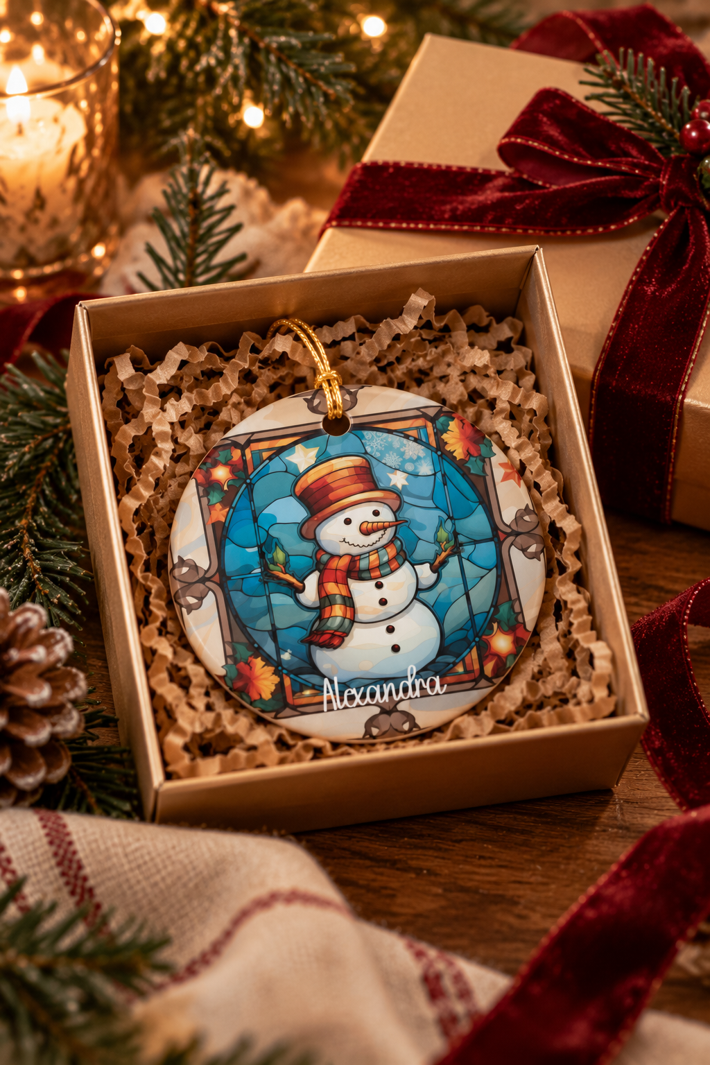 Autumn Stained Glass Snowman ornament nestled in a kraft gift box with crinkle paper, ready to give