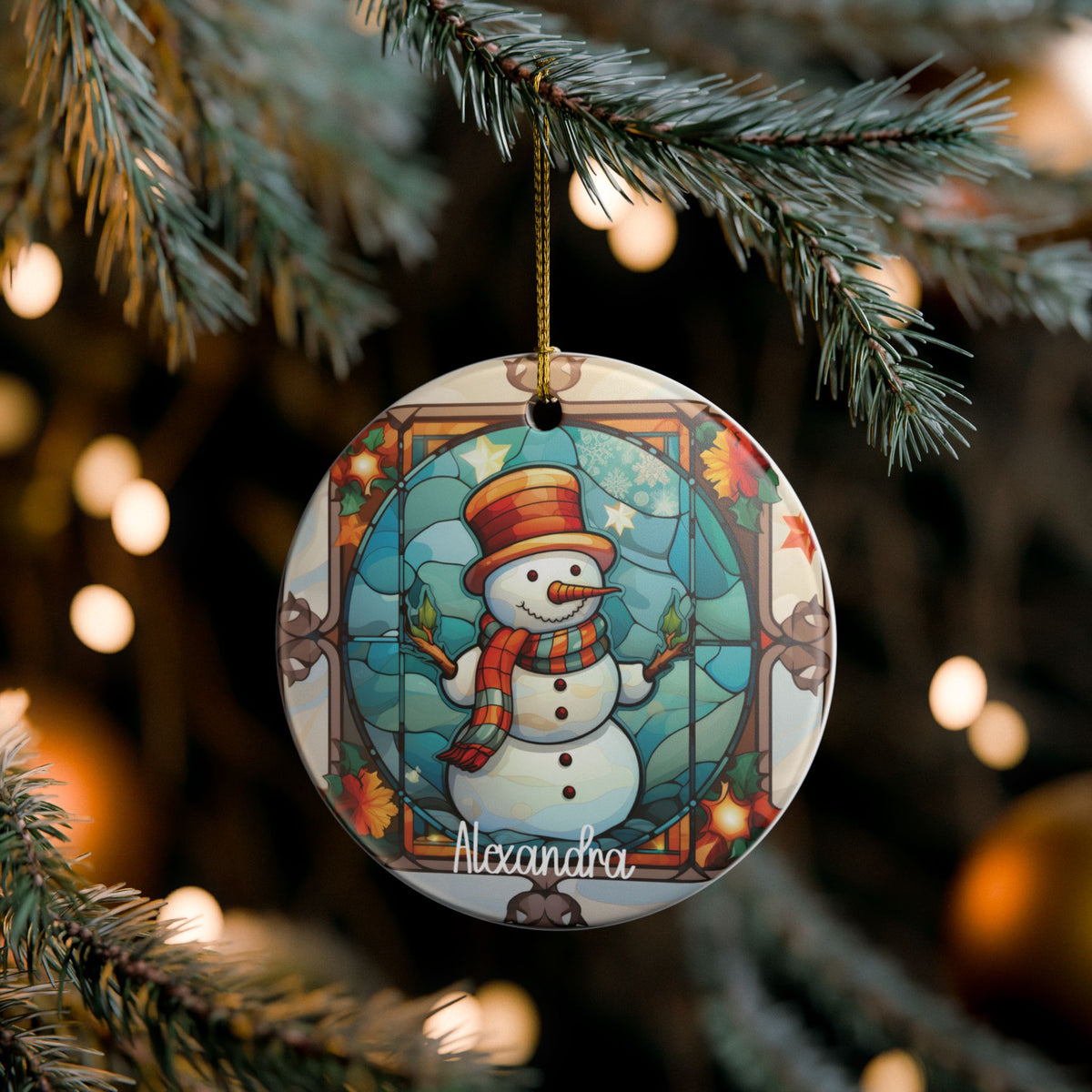 Custom autumn stained glass snowman ornament on pine branches with twinkling Christmas lights