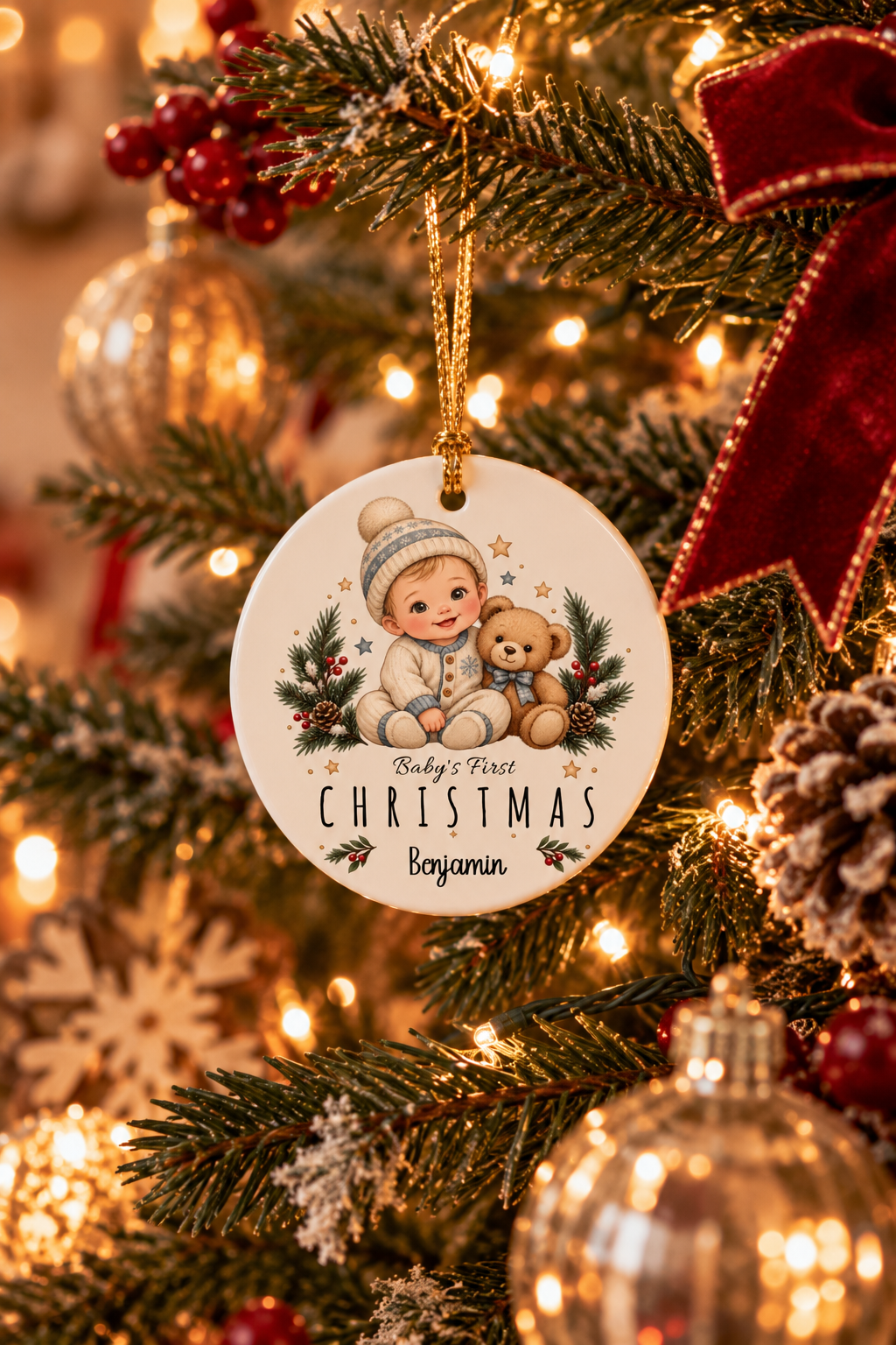 Personalized Baby Boy First Christmas ornament on a decorated Christmas tree with red ribbon and warm lights, lifestyle photo