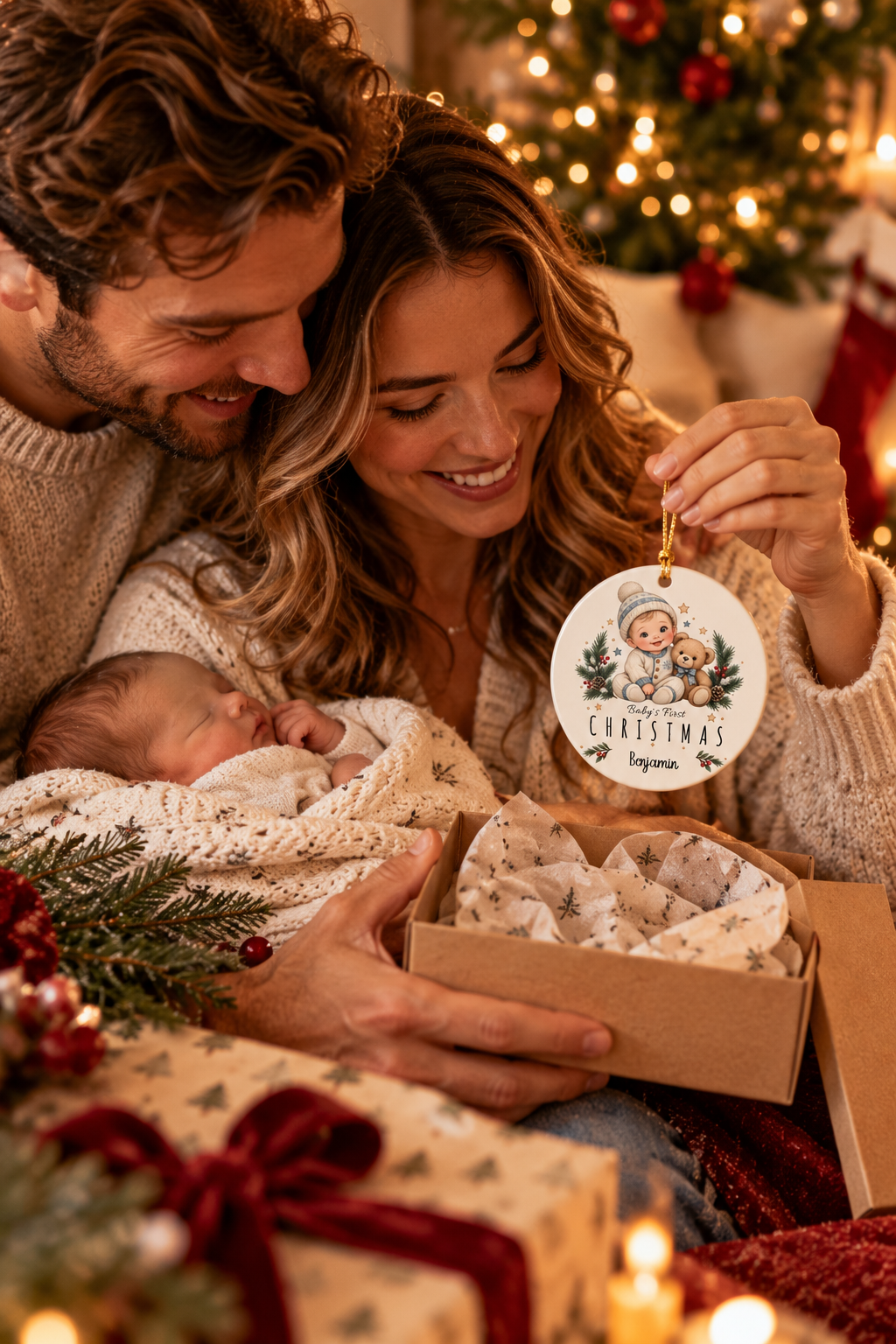 Parents holding their newborn with the Baby Boy First Christmas ornament