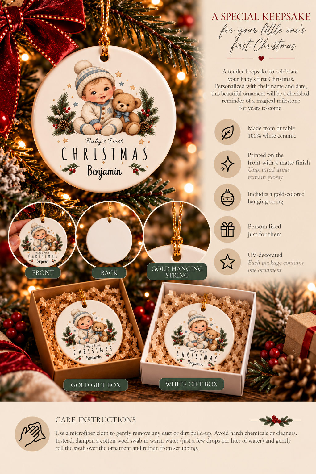 Personalized Baby Boy First Christmas ornament infographic with features, gift packaging options and care instructions