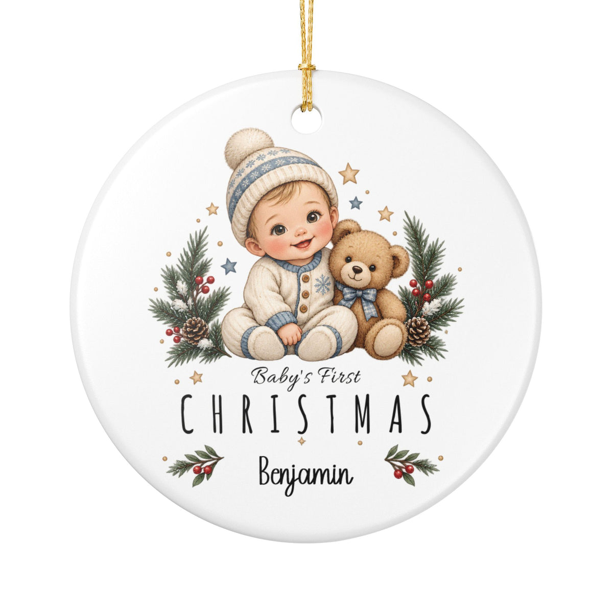 Personalized Baby Boy First Christmas ornament with a baby boy sitting beside his teddy bear among pine and stars, front view