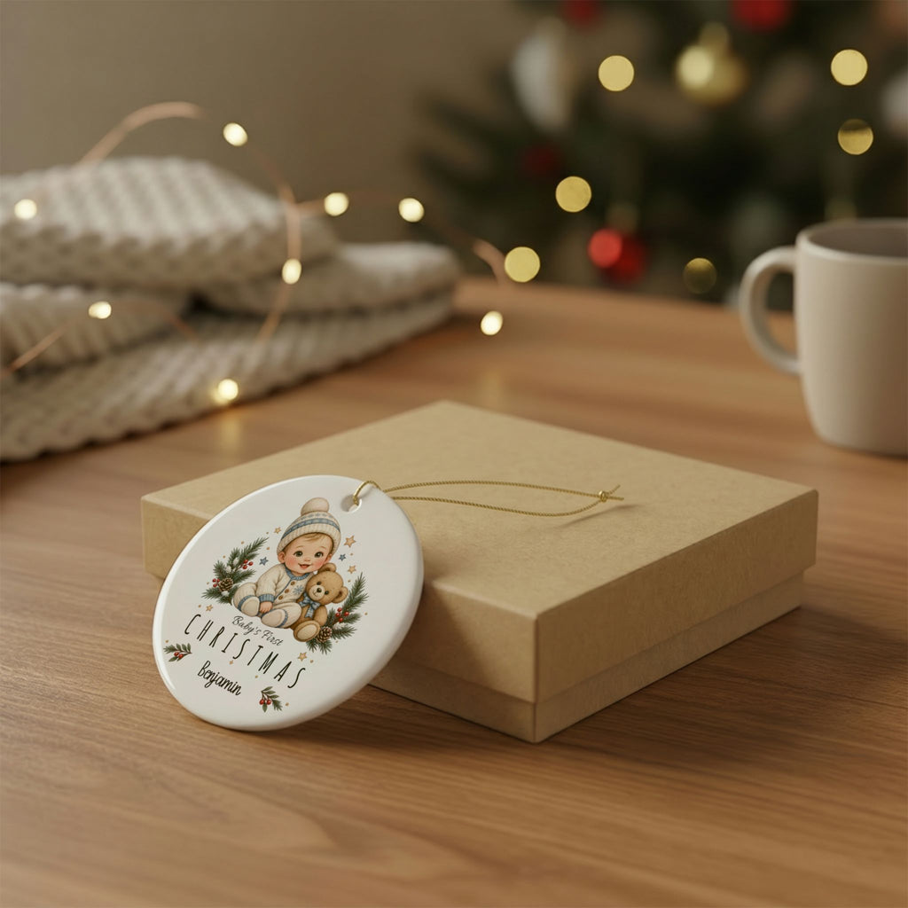 Personalized baby boy's first Christmas ornament resting on a kraft gift box beside a mug and knit throw