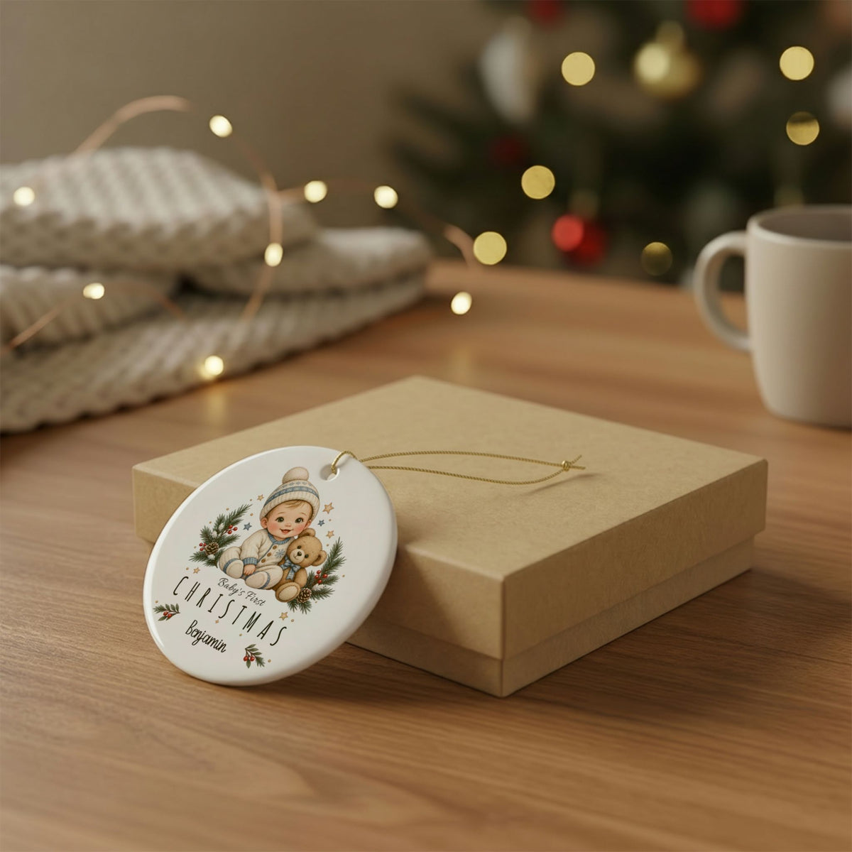 Personalized baby boy's first Christmas ornament resting on a kraft gift box beside a mug and knit throw