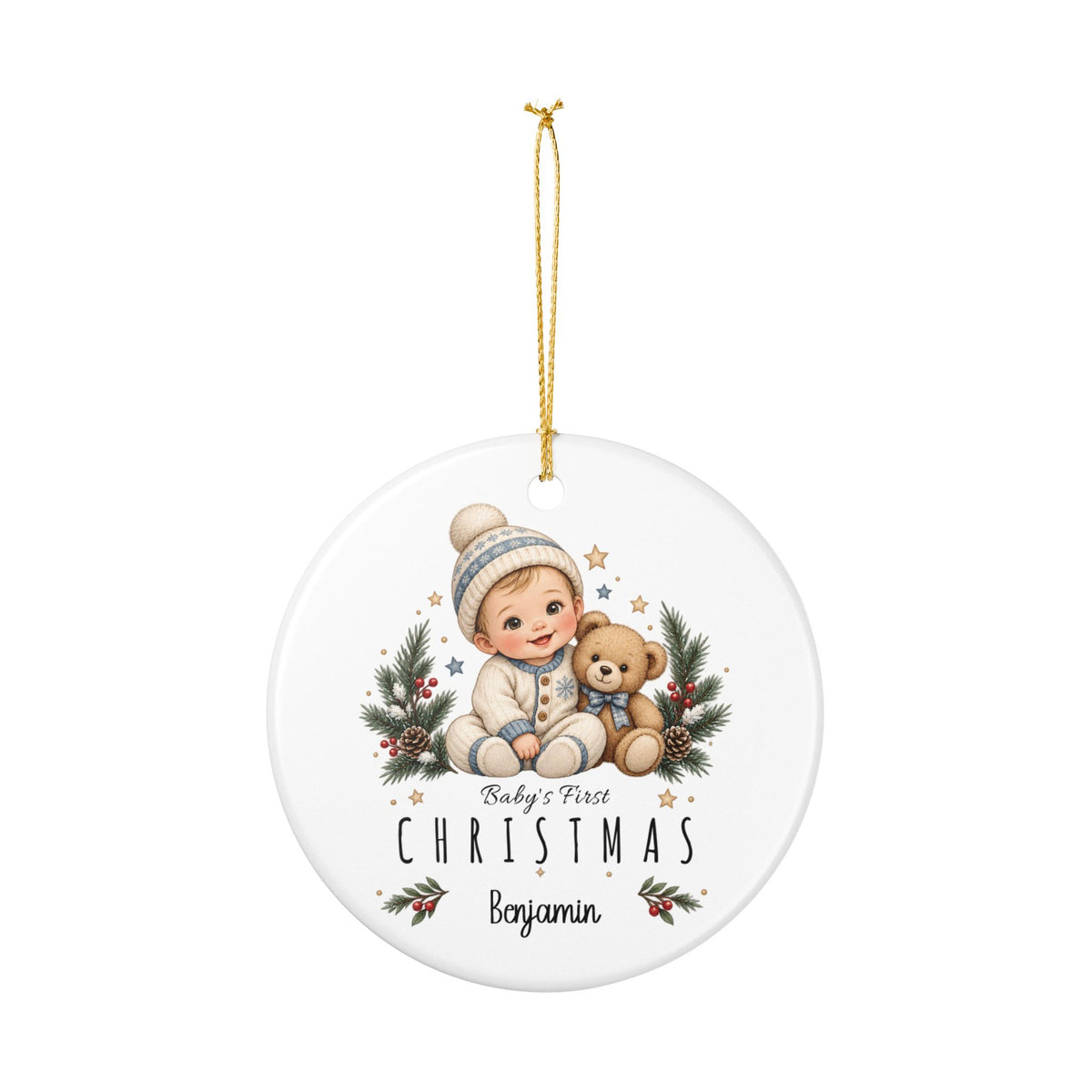 Personalized Baby Boy First Christmas ornament hanging from its gold string