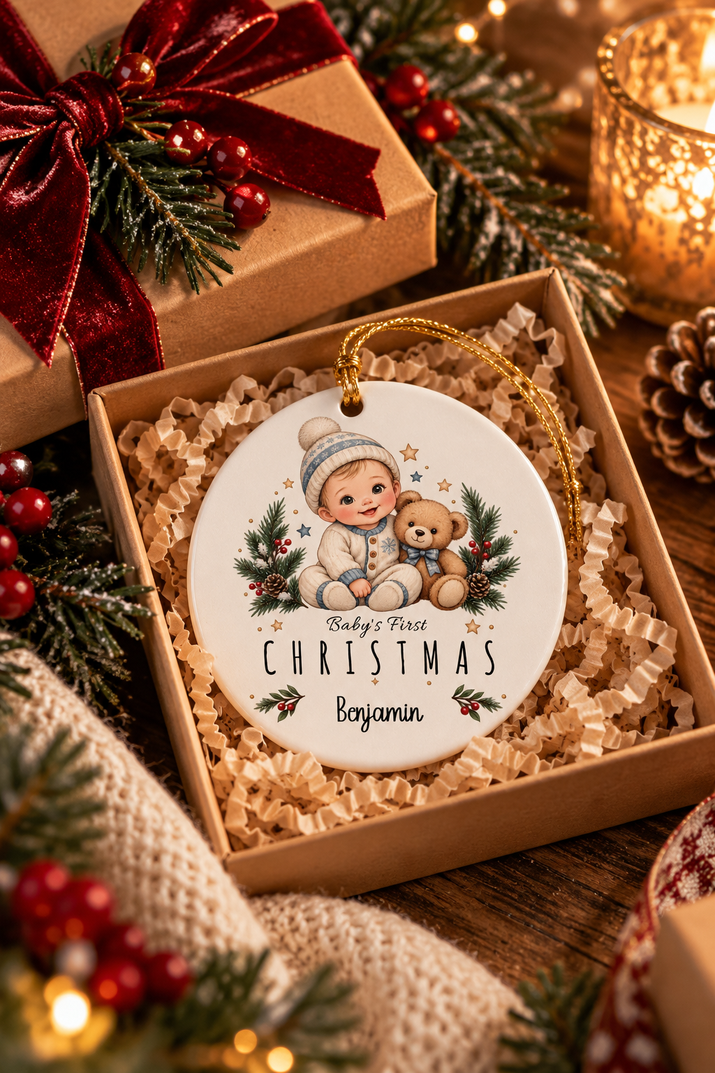 Baby Boy First Christmas ornament nestled in a kraft gift box with crinkle paper, ready to give