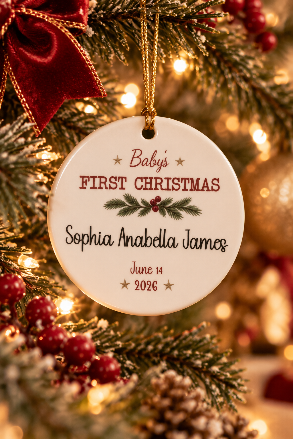 Personalized Baby's First Christmas Keepsake ornament on a decorated Christmas tree with red ribbon and warm lights, lifestyle photo