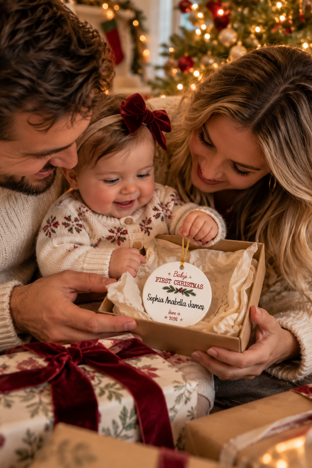 Parents and baby opening the Baby's First Christmas keepsake ornament