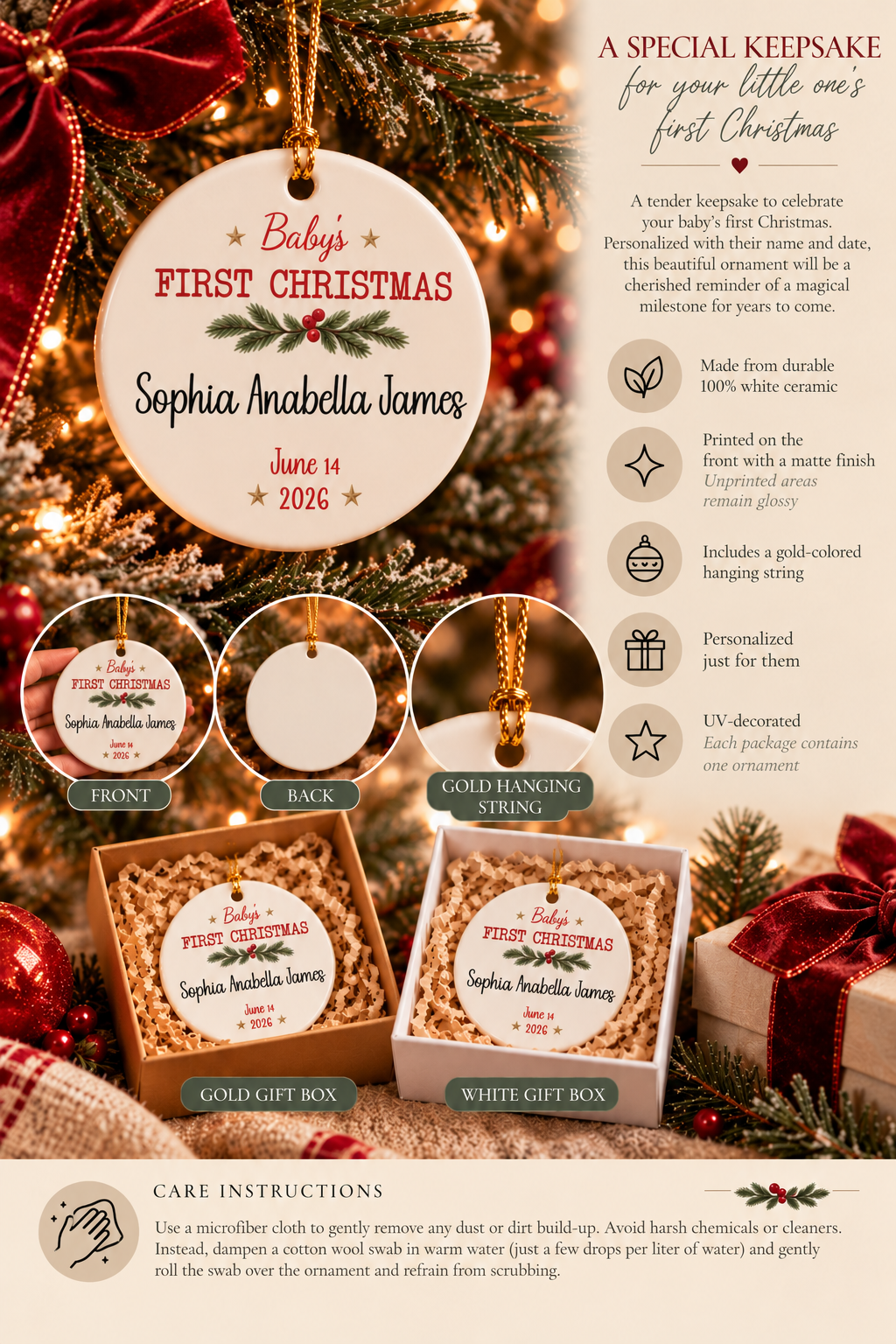 Personalized Baby's First Christmas Keepsake ornament infographic with features, gift packaging options and care instructions
