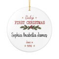 Personalized Baby's First Christmas Keepsake ornament with a minimalist pine and berry sprig, baby's full name and birth date, front view
