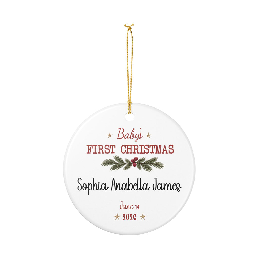 Personalized Baby's First Christmas Keepsake ornament hanging from its gold string