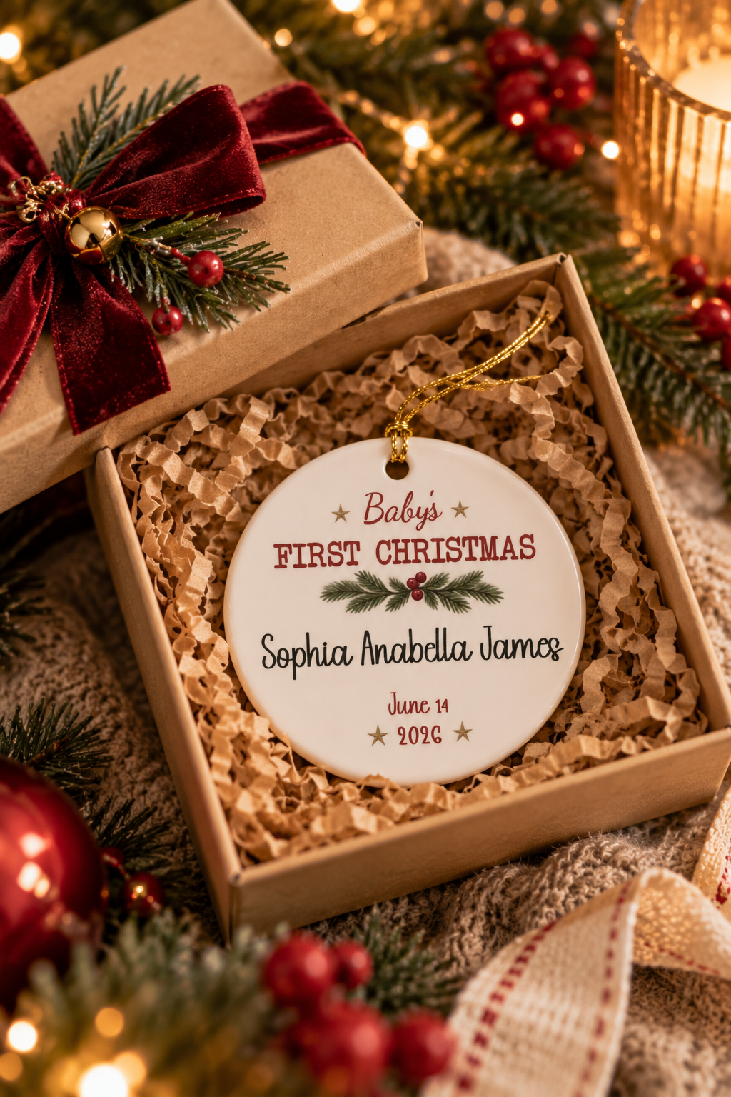 Baby's First Christmas Keepsake ornament nestled in a kraft gift box with crinkle paper, ready to give