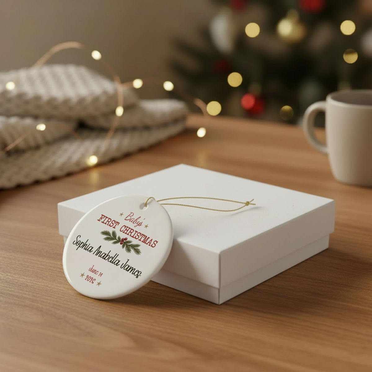 Baby's First Christmas Keepsake ornament leaning against a white gift box on a wooden table