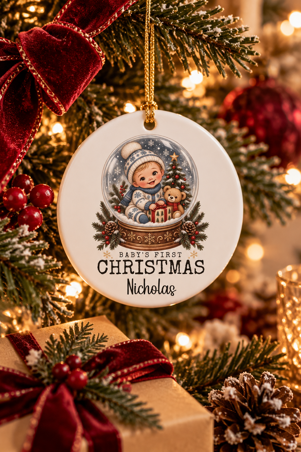 Personalized Baby's First Christmas Snow Globe ornament on a decorated Christmas tree with red ribbon and warm lights, lifestyle photo