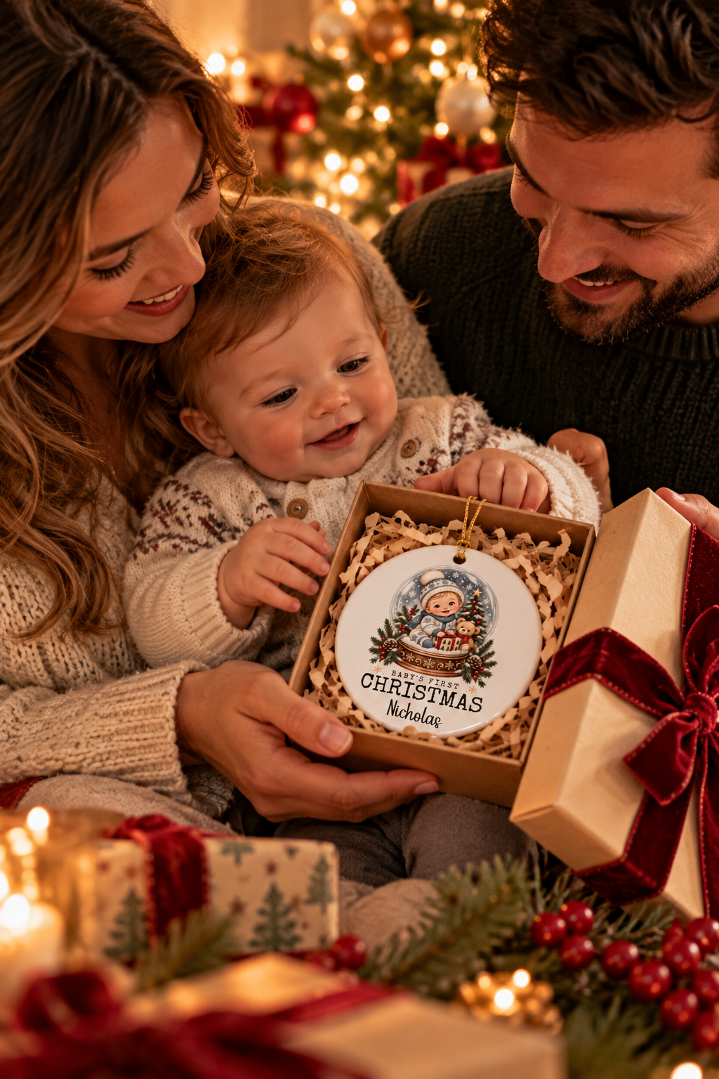Parents and baby opening the Baby's First Christmas snow globe ornament