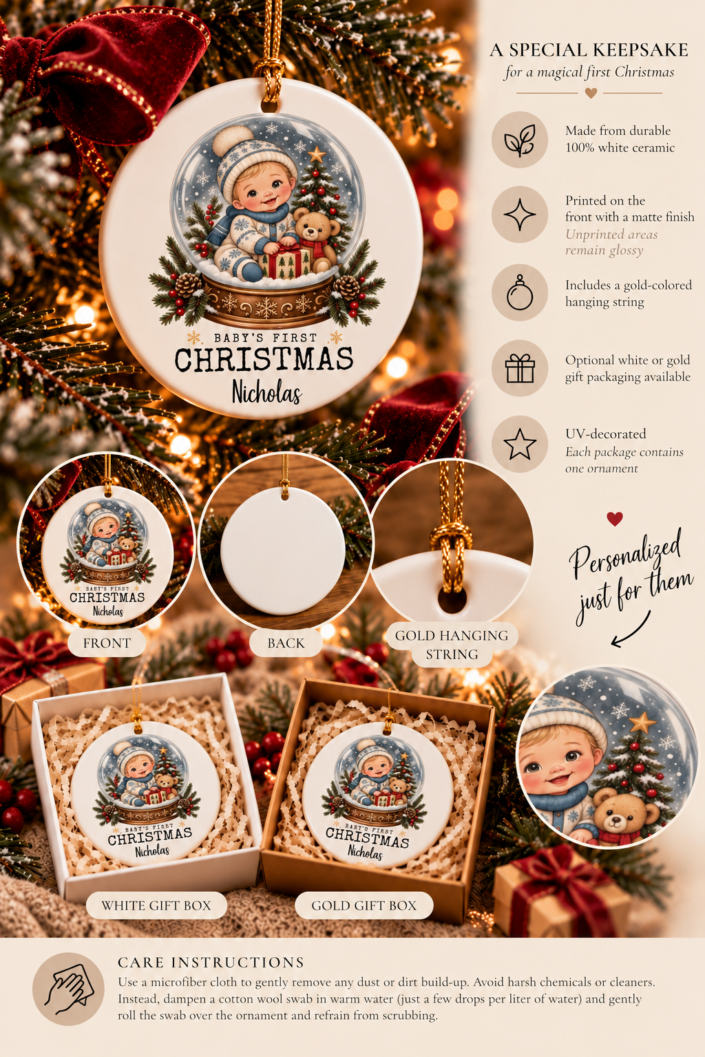 Personalized Baby's First Christmas Snow Globe ornament infographic with features, gift packaging options and care instructions
