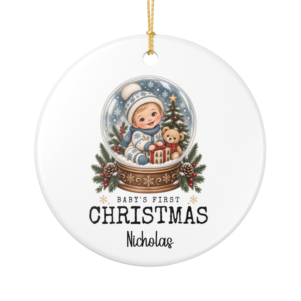 Personalized Baby's First Christmas Snow Globe ornament with a baby boy holding a teddy bear inside a festive snow globe, front view