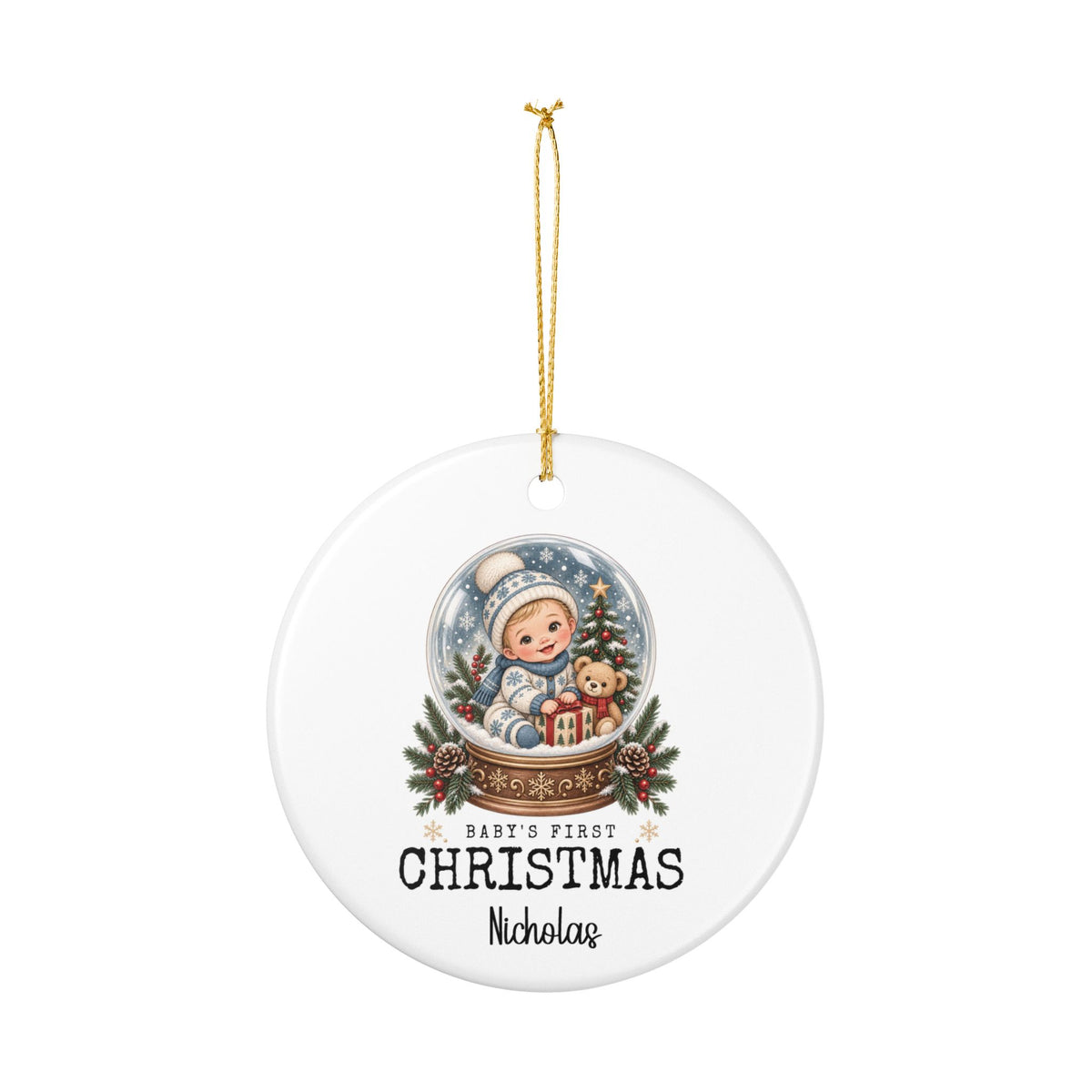 Personalized Baby's First Christmas Snow Globe ornament hanging from its gold string