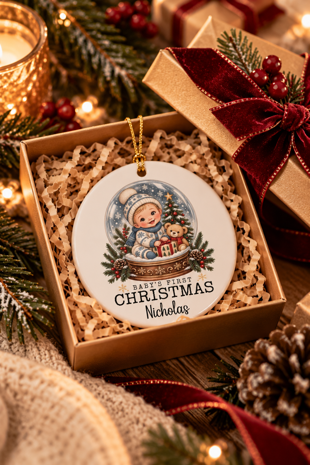 Baby's First Christmas Snow Globe ornament nestled in a kraft gift box with crinkle paper, ready to give