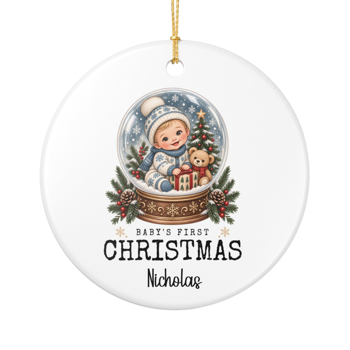 Baby's First Christmas Snow Globe ceramic Christmas ornament personalized with his name under "Baby's First Christmas"