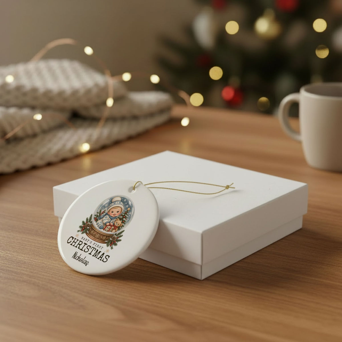 Baby's First Christmas Snow Globe ornament leaning against a white gift box on a wooden table