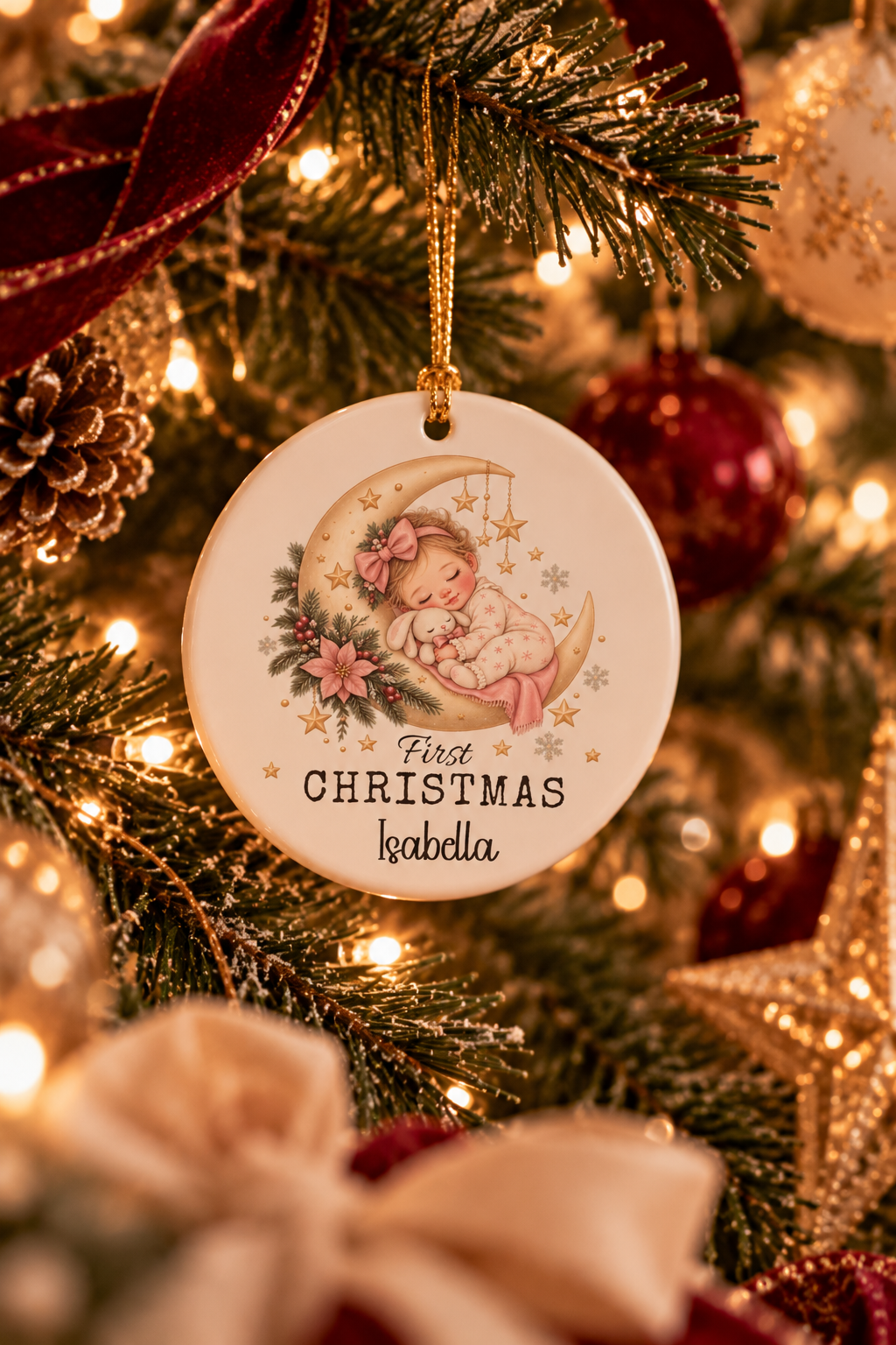 Personalized Baby Girl First Christmas Moon ornament on a decorated Christmas tree with red ribbon and warm lights, lifestyle photo