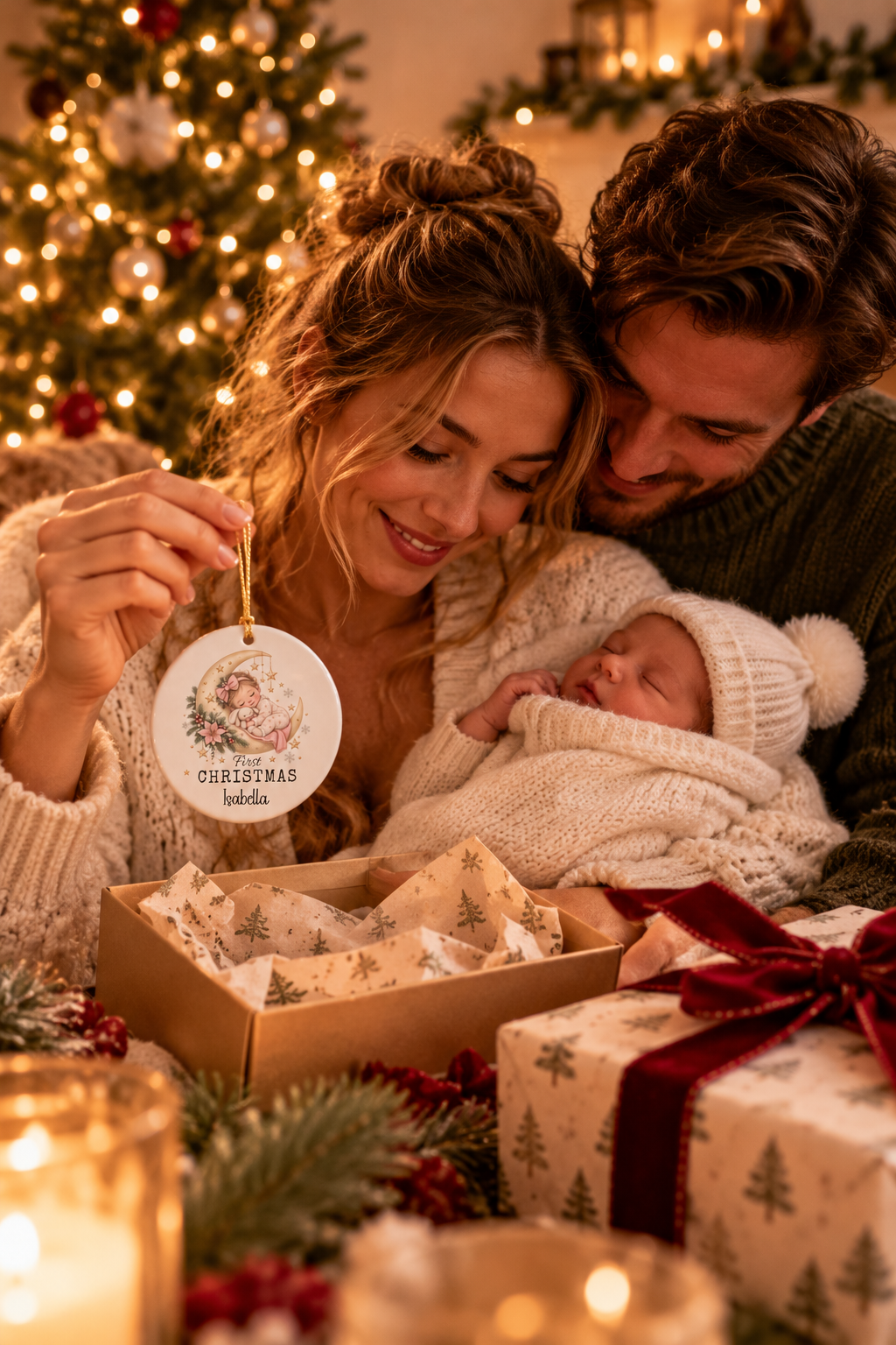 New parents with their newborn daughter and the Baby Girl First Christmas Moon ornament