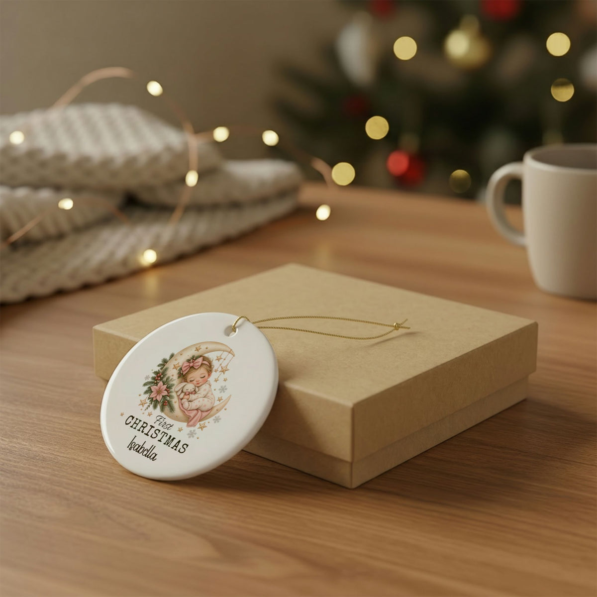 Personalized baby girl's first Christmas ornament resting on a kraft gift box beside a mug and knit throw