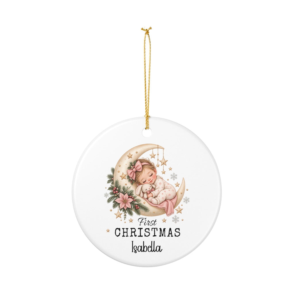 Personalized Baby Girl First Christmas Moon ornament hanging from its gold string