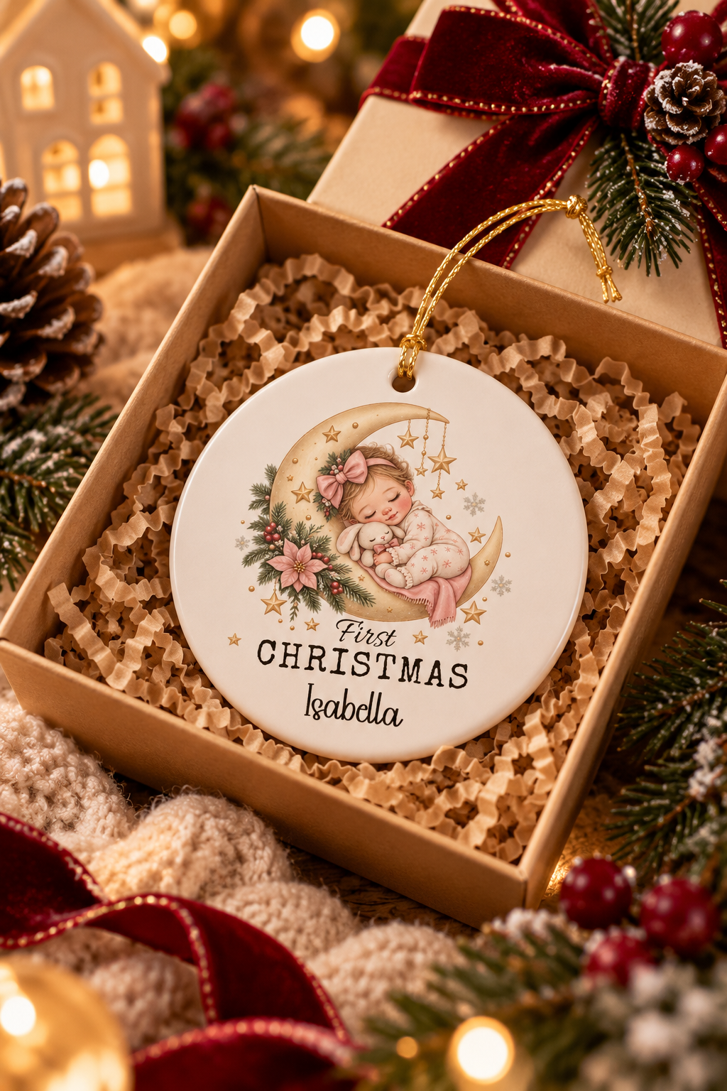 Baby Girl First Christmas Moon ornament nestled in a kraft gift box with crinkle paper, ready to give