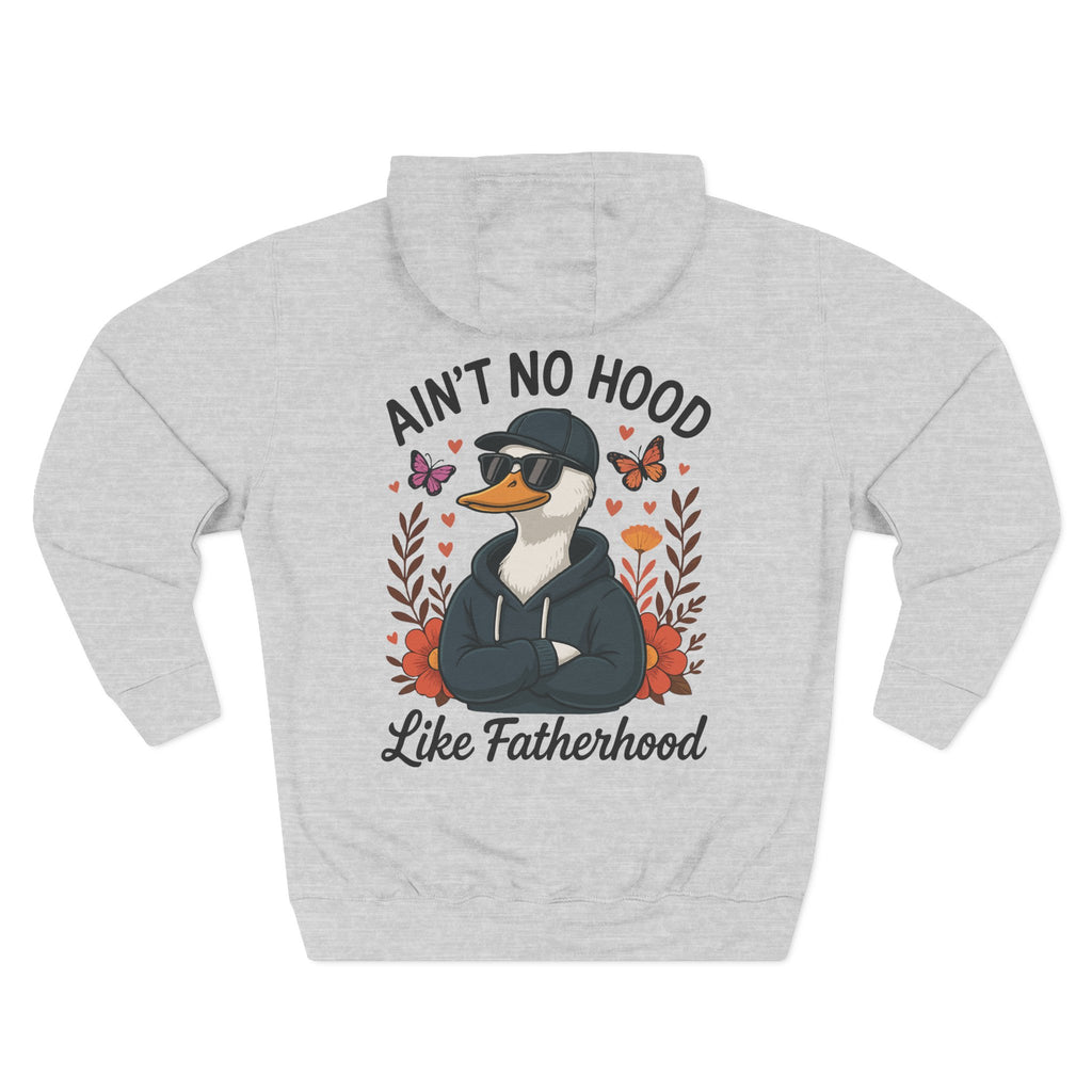 Back view of a light grey personalized hoodie printed with "Ain't No Hood Like Fatherhood" and embroidered with "Daniel". Name is customizable. Special gift for him.
