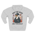 Back view of a light grey personalized hoodie printed with "Ain't No Hood Like Fatherhood" and embroidered with "Daniel". Name is customizable. Special gift for him.