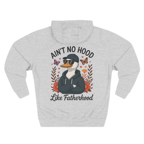 Back view of a light grey personalized hoodie printed with "Ain't No Hood Like Fatherhood" and embroidered with "Daniel". Name is customizable. Special gift for him.