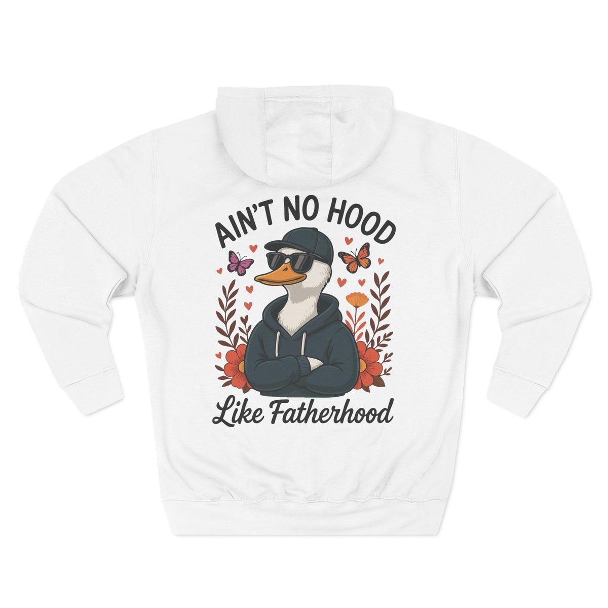 Back view of a white personalized hoodie printed with "Ain't No Hood Like Fatherhood" and embroidered with "Daniel". Name is customizable. Special gift for him.