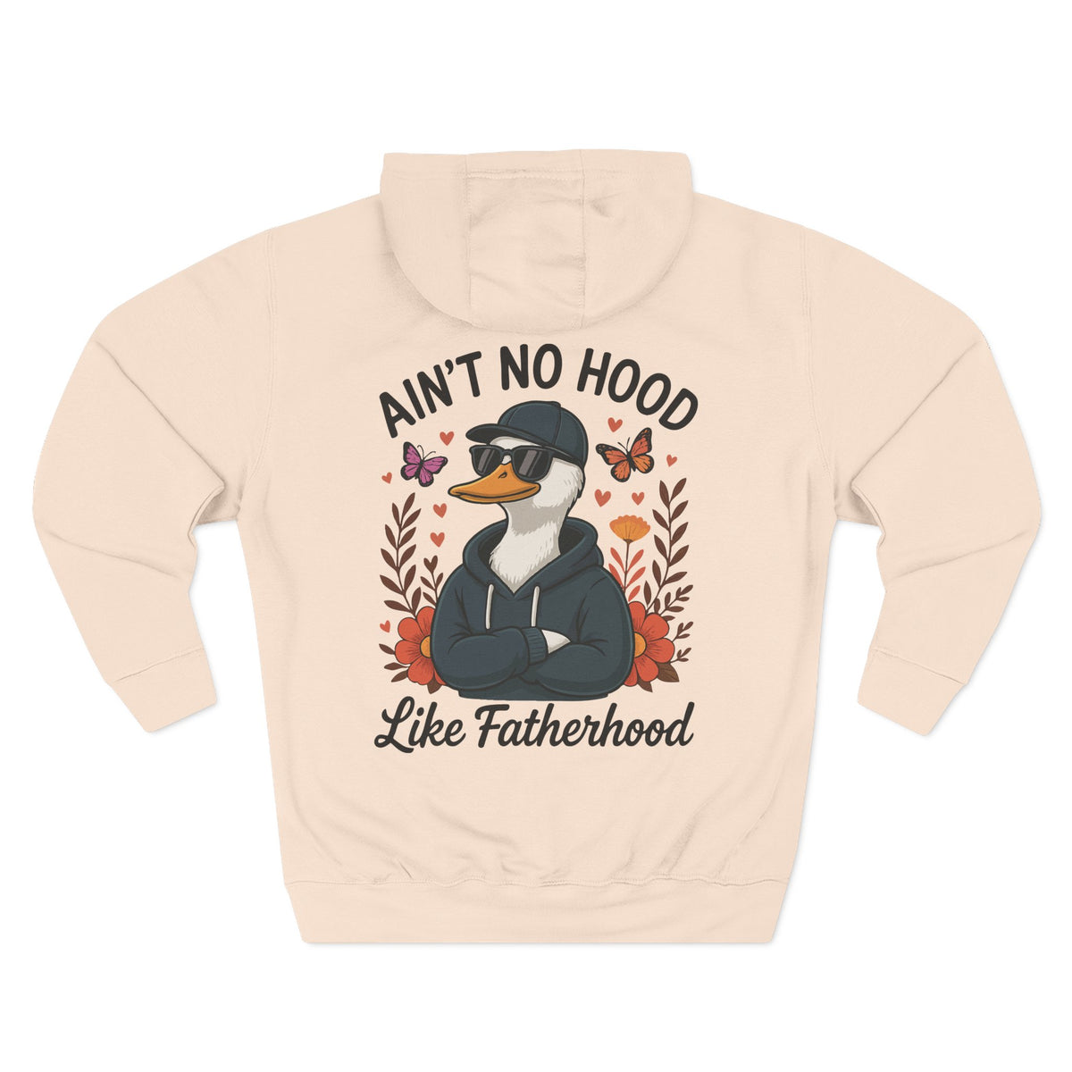 Back view of a pale pink personalized hoodie printed with "Ain't No Hood Like Fatherhood" and embroidered with "Daniel". Name is customizable. Special gift for him.