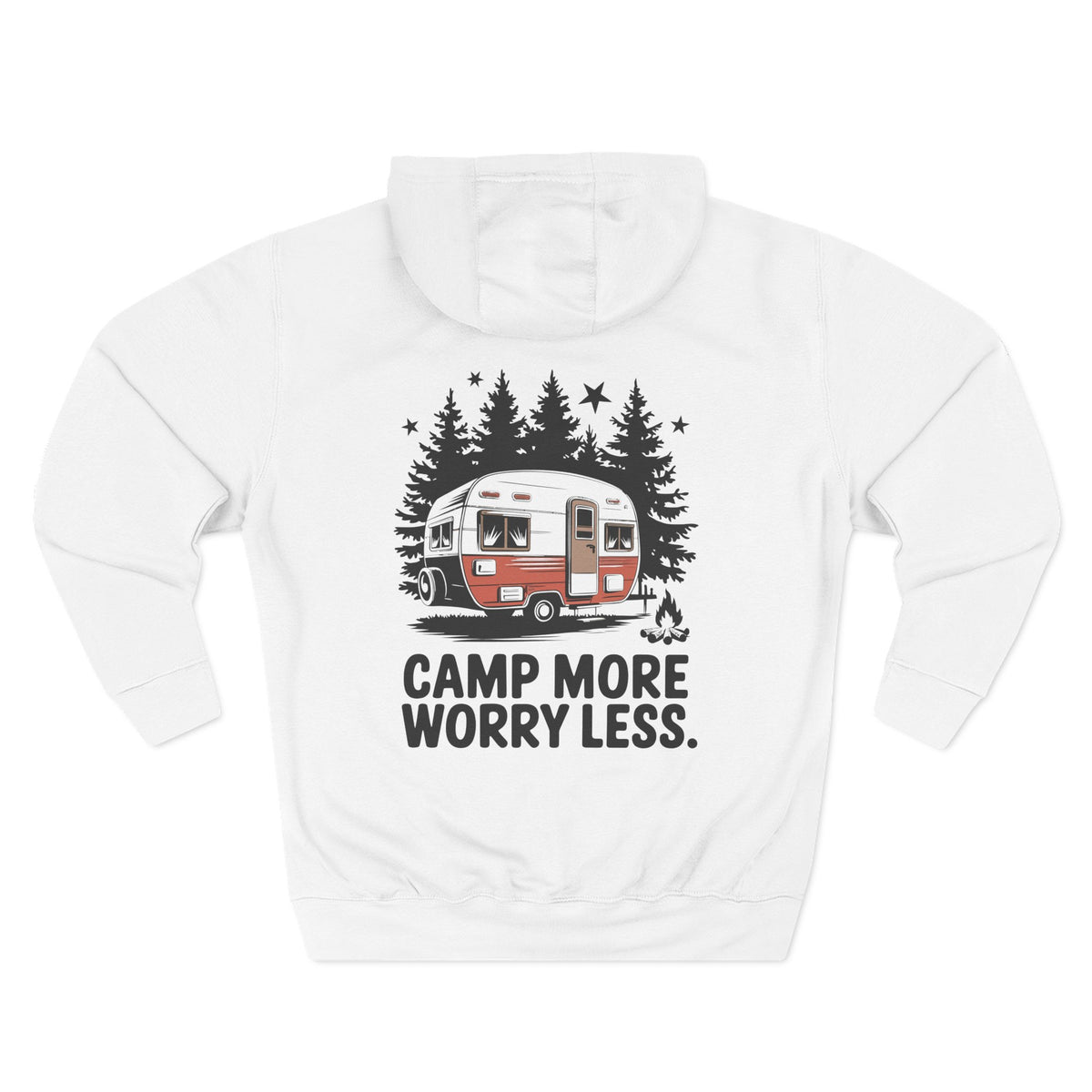Back view of a white personalized hoodie printed with "Camp more, worry less" and embroidered with personalizable name. Special gift him, dad, granddad, boyfriend.