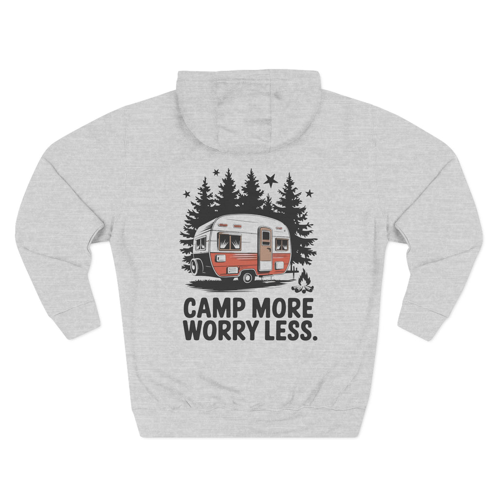 Back view of a light grey personalized hoodie printed with "Camp more, worry less" and embroidered with personalizable name. Special gift him, dad, granddad, boyfriend.