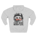 Back view of a light grey personalized hoodie printed with "Camp more, worry less" and embroidered with personalizable name. Special gift him, dad, granddad, boyfriend.