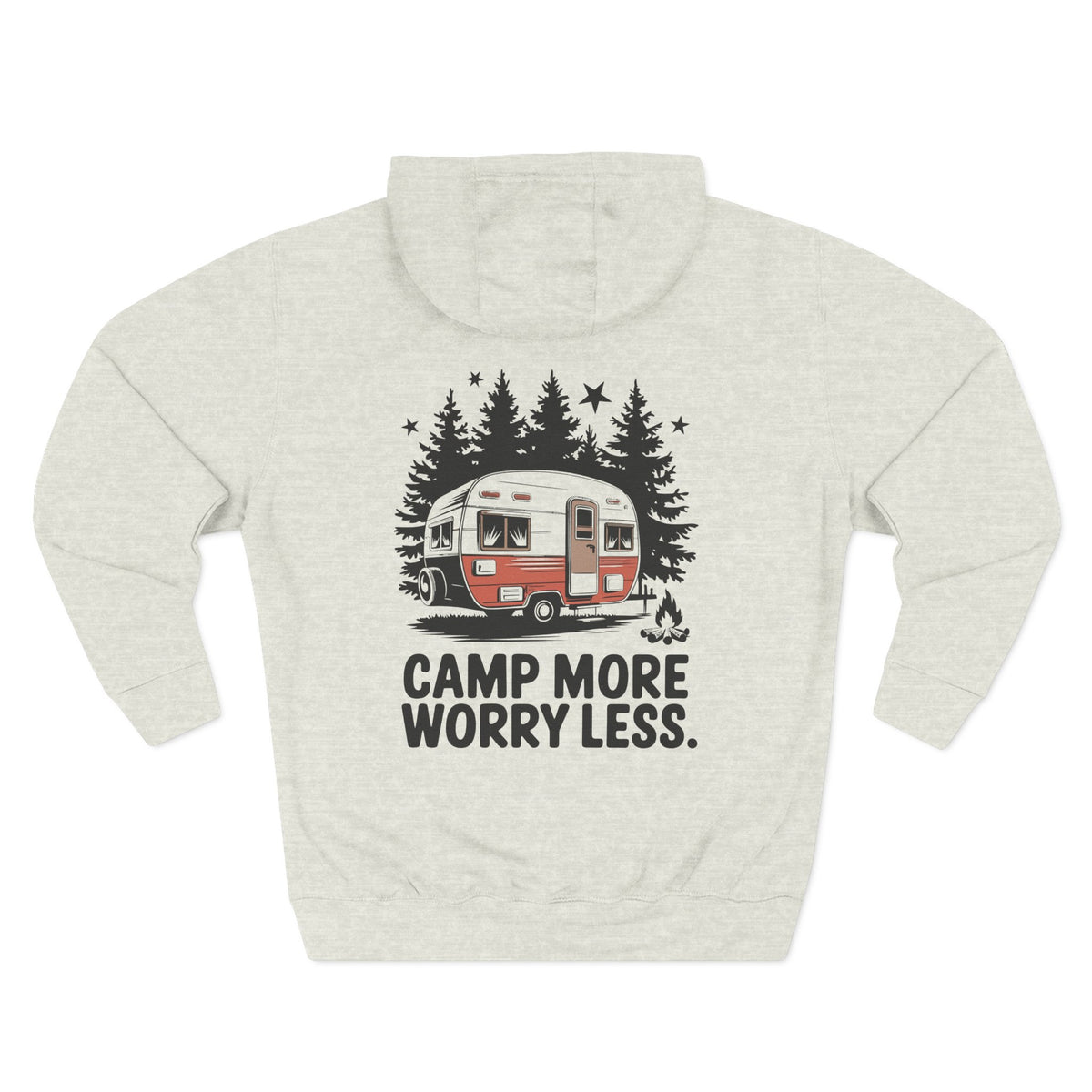 Back view of a oatmeal heather personalized hoodie printed with "Camp more, worry less" and embroidered with personalizable name. Special gift him, dad, granddad, boyfriend.