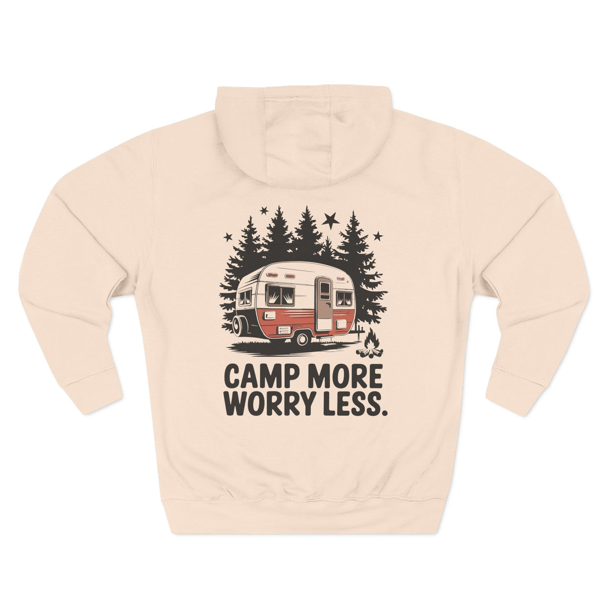 Back view of a pale pink personalized hoodie printed with "Camp more, worry less" and embroidered with personalizable name. Special gift him, dad, granddad, boyfriend.