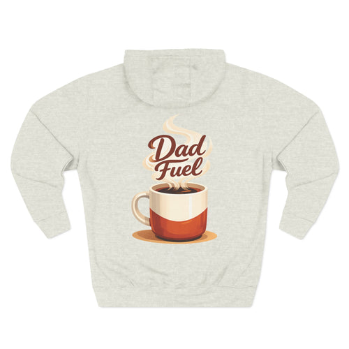 Back view of a oatmeal heather personalized hoodie printed with "Dad Fuel" and embroidered with "James", the name is customizable. Special gift him, dad, granddad, boyfriend