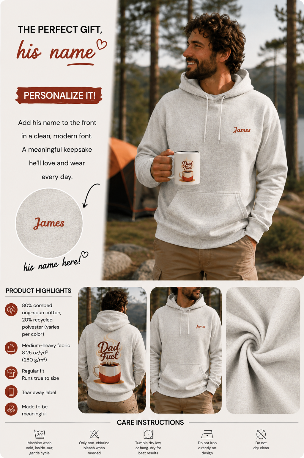 A information collage for a customizable white hoodie. The top section shows a man wearing the hoodie outdoors while holding a mug, with text highlighting personalization. Special gift for him