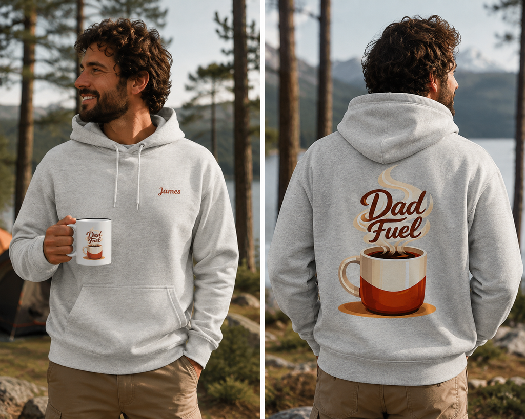A man wearing a light gray hoodie is shown from both the front and back in an outdoor lakeside setting. The front has a small embroidered name 'James'on the chest is customizable. And the back features a large graphic of a coffee cup with the words 'Dad Fuel' in brown script. 