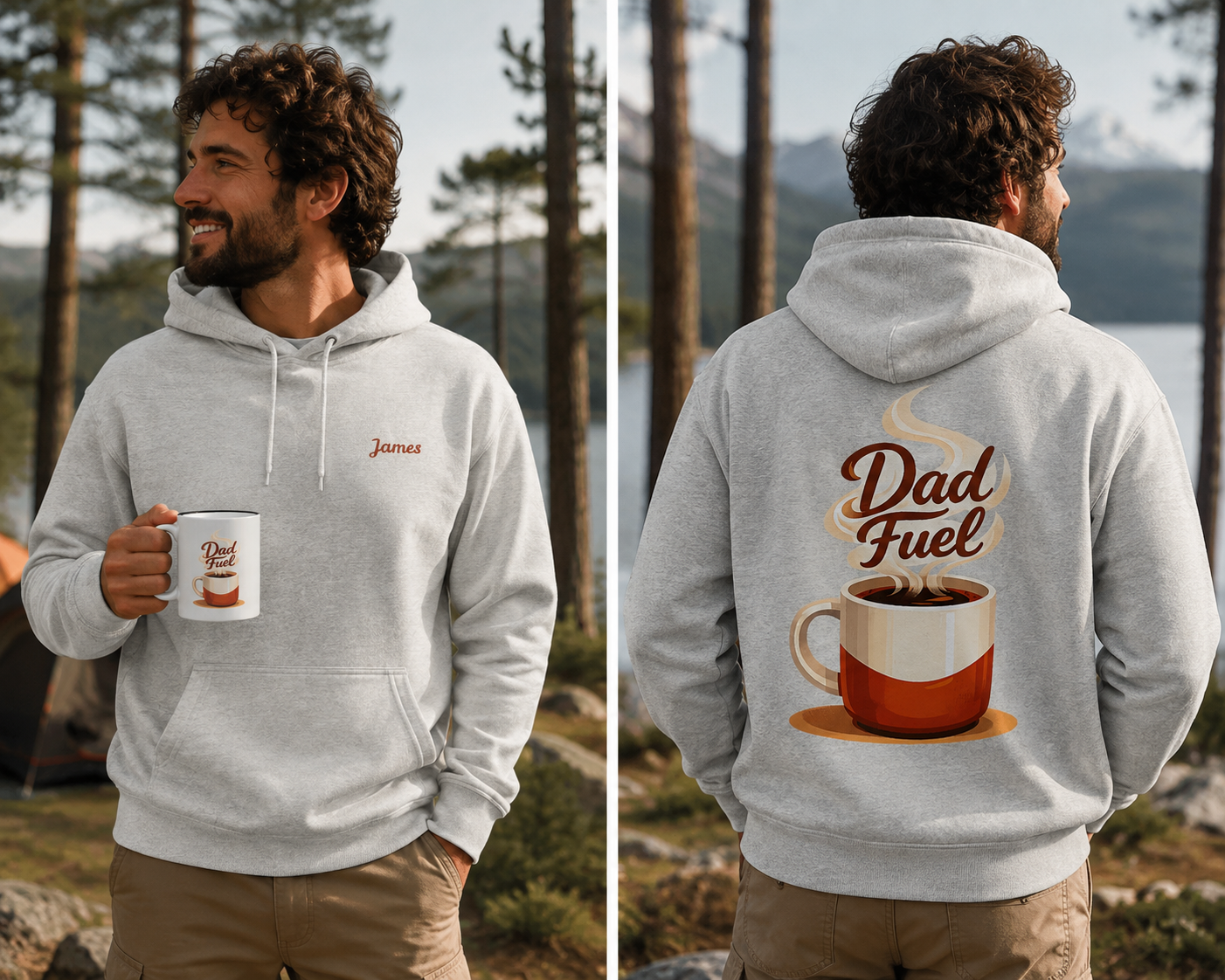 A man wearing a light gray hoodie is shown from both the front and back in an outdoor lakeside setting. The front has a small embroidered name 'James'on the chest is customizable. And the back features a large graphic of a coffee cup with the words 'Dad Fuel' in brown script. 