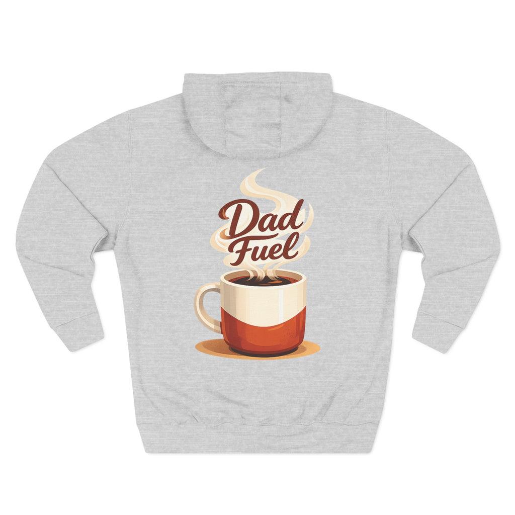 Back view of a light grey personalized hoodie printed with "Dad Fuel" and embroidered with "James", the name is customizable. Special gift him, dad, granddad, boyfriend