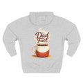 Back view of a light grey personalized hoodie printed with "Dad Fuel" and embroidered with "James", the name is customizable. Special gift him, dad, granddad, boyfriend