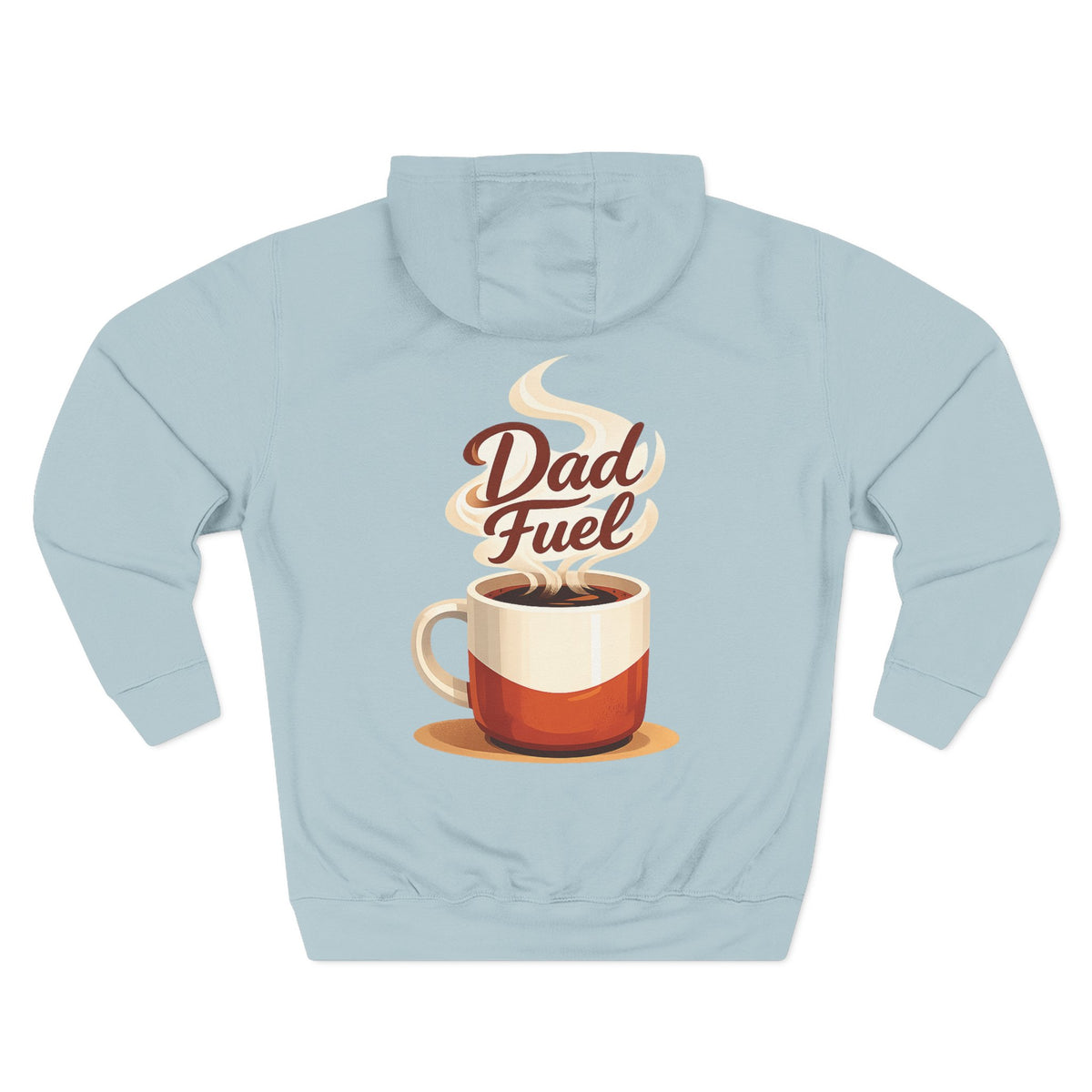 Back view of a light blue personalized hoodie printed with "Dad Fuel" and embroidered with "James", the name is customizable. Special gift him, dad, granddad, boyfriend