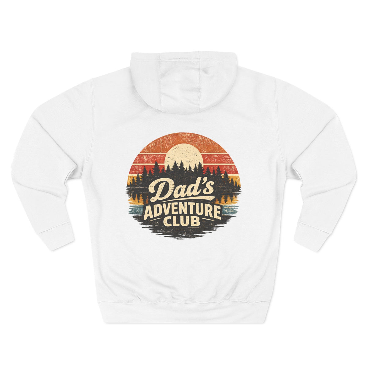 Back view of a white personalized hoodie printed with "Dad's Adventure Club" and embroidered with "Christopher". Name is customizable. Special gift for him.